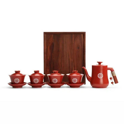 Chinese Wedding Supplies Red Ceramic Tea Set Teapot Gaiwan with Serving Tray Newlywed Party Souvenir Gift Porcelain