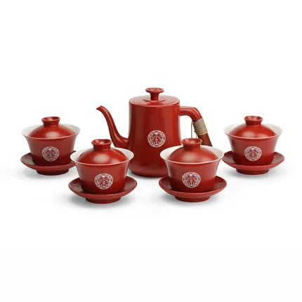 Chinese Wedding Supplies Red Ceramic Tea Set Teapot Gaiwan with Serving Tray Newlywed Party Souvenir Gift Porcelain