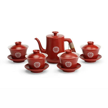 Chinese Wedding Supplies Red Ceramic Tea Set Teapot Gaiwan with Serving Tray Newlywed Party Souvenir Gift Porcelain