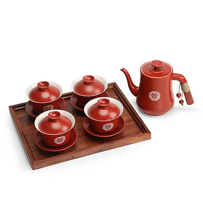 Chinese Wedding Supplies Red Ceramic Tea Set Teapot Gaiwan with Serving Tray Newlywed Party Souvenir Gift Porcelain