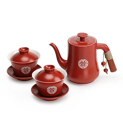 Chinese Wedding Supplies Red Ceramic Tea Set Teapot Gaiwan with Serving Tray Newlywed Party Souvenir Gift Porcelain