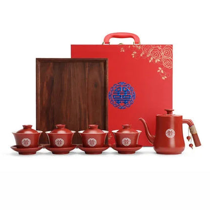 Chinese Wedding Supplies Red Ceramic Tea Set Teapot Gaiwan with Serving Tray Newlywed Party Souvenir Gift Porcelain