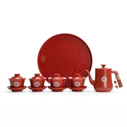 Chinese Wedding Supplies Red Ceramic Tea Set Teapot Gaiwan with Serving Tray Newlywed Party Souvenir Gift Porcelain