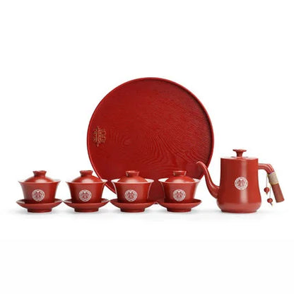 Chinese Wedding Supplies Red Ceramic Tea Set Teapot Gaiwan with Serving Tray Newlywed Party Souvenir Gift Porcelain