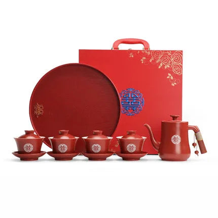 Chinese Wedding Supplies Red Ceramic Tea Set Teapot Gaiwan with Serving Tray Newlywed Party Souvenir Gift Porcelain