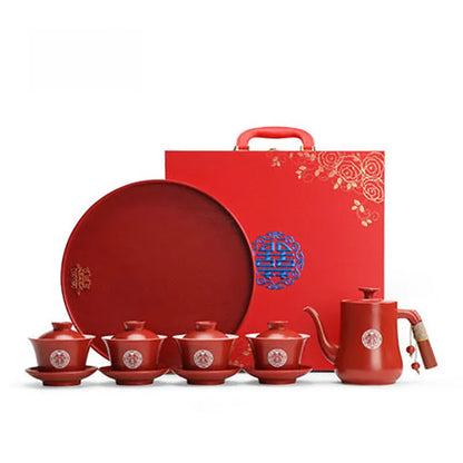 Chinese Wedding Supplies Red Ceramic Tea Set Teapot Gaiwan with Serving Tray Newlywed Party Souvenir Gift Porcelain