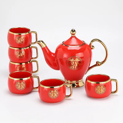 Chinese Wedding Supplies Red Ceramic Tea Set Teapot Porcelain Kettle Teaware with Handle Newlywed Banquet Party Supplies