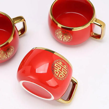Chinese Wedding Supplies Red Ceramic Tea Set Teapot Porcelain Kettle Teaware with Handle Newlywed Banquet Party Supplies