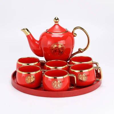 Chinese Wedding Supplies Red Ceramic Tea Set Teapot Porcelain Kettle Teaware with Handle Newlywed Banquet Party Supplies