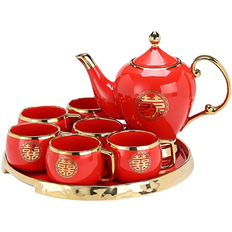 Chinese Wedding Supplies Red Ceramic Tea Set Teapot Porcelain Kettle Teaware with Handle Newlywed Banquet Party Supplies