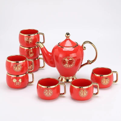Chinese Wedding Supplies Red Ceramic Tea Set Teapot Porcelain Kettle Teaware with Handle Newlywed Banquet Party Supplies