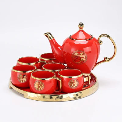 Chinese Wedding Supplies Red Ceramic Tea Set Teapot Porcelain Kettle Teaware with Handle Newlywed Banquet Party Supplies