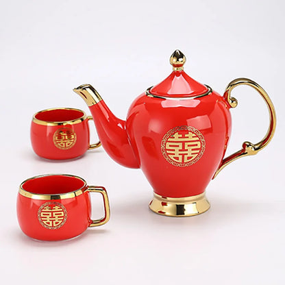Chinese Wedding Supplies Red Ceramic Tea Set Teapot Porcelain Kettle Teaware with Handle Newlywed Banquet Party Supplies