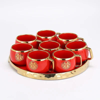 Chinese Wedding Supplies Red Ceramic Tea Set Teapot Porcelain Kettle Teaware with Handle Newlywed Banquet Party Supplies