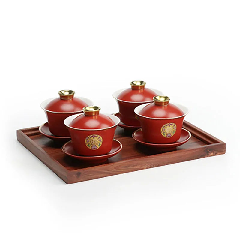 Chinese Wedding Tea Gaiwan Red Tea Cup Double happiness Teacup with Lid and Saucer Set Porcelain Teaware Newlywed Gift Supply