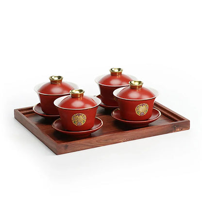 Chinese Wedding Tea Gaiwan Red Tea Cup Double happiness Teacup with Lid and Saucer Set Porcelain Teaware Newlywed Gift Supply