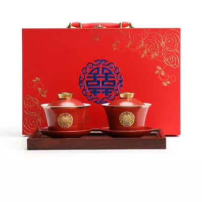Chinese Wedding Tea Gaiwan Red Tea Cup Double happiness Teacup with Lid and Saucer Set Porcelain Teaware Newlywed Gift Supply