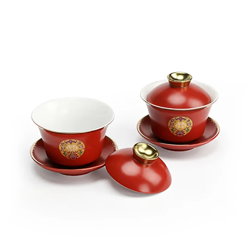 Chinese Wedding Tea Gaiwan Red Tea Cup Double happiness Teacup with Lid and Saucer Set Porcelain Teaware Newlywed Gift Supply