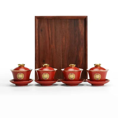 Chinese Wedding Tea Gaiwan Red Tea Cup Double happiness Teacup with Lid and Saucer Set Porcelain Teaware Newlywed Gift Supply