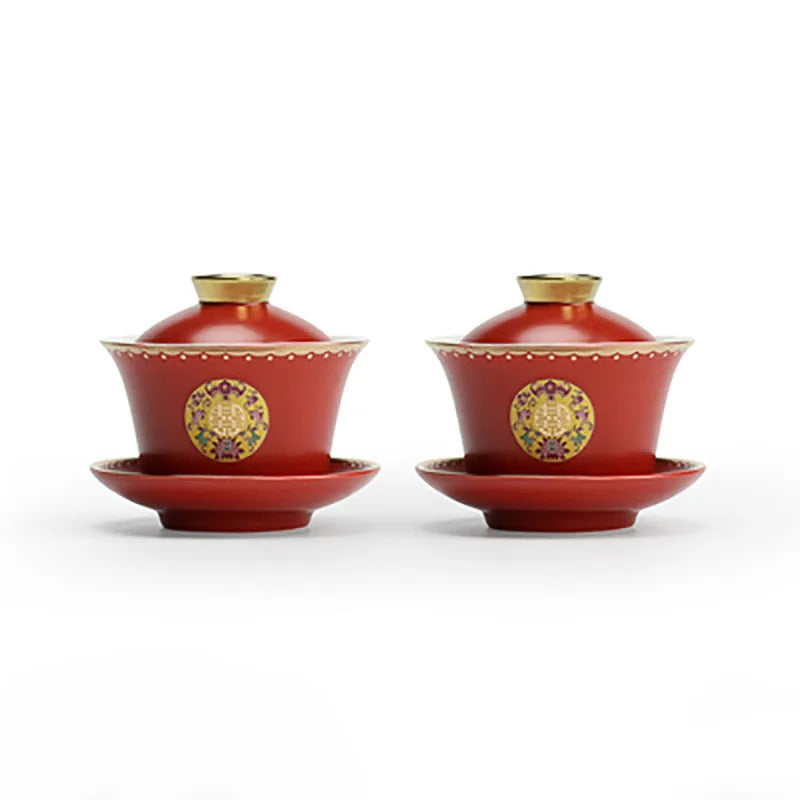 Chinese Wedding Tea Gaiwan Red Tea Cup Double happiness Teacup with Lid and Saucer Set Porcelain Teaware Newlywed Gift Supply