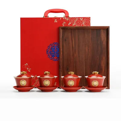 Chinese Wedding Tea Gaiwan Red Tea Cup Double happiness Teacup with Lid and Saucer Set Porcelain Teaware Newlywed Gift Supply