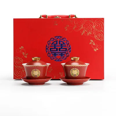 Chinese Wedding Tea Gaiwan Red Tea Cup Double happiness Teacup with Lid and Saucer Set Porcelain Teaware Newlywed Gift Supply