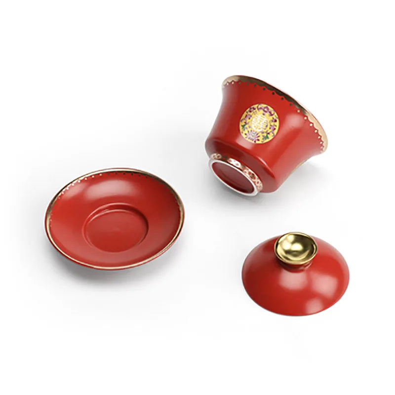 Chinese Wedding Tea Gaiwan Red Tea Cup Double happiness Teacup with Lid and Saucer Set Porcelain Teaware Newlywed Gift Supply