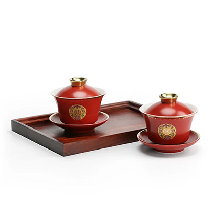 Chinese Wedding Tea Gaiwan Red Tea Cup Double happiness Teacup with Lid and Saucer Set Porcelain Teaware Newlywed Gift Supply