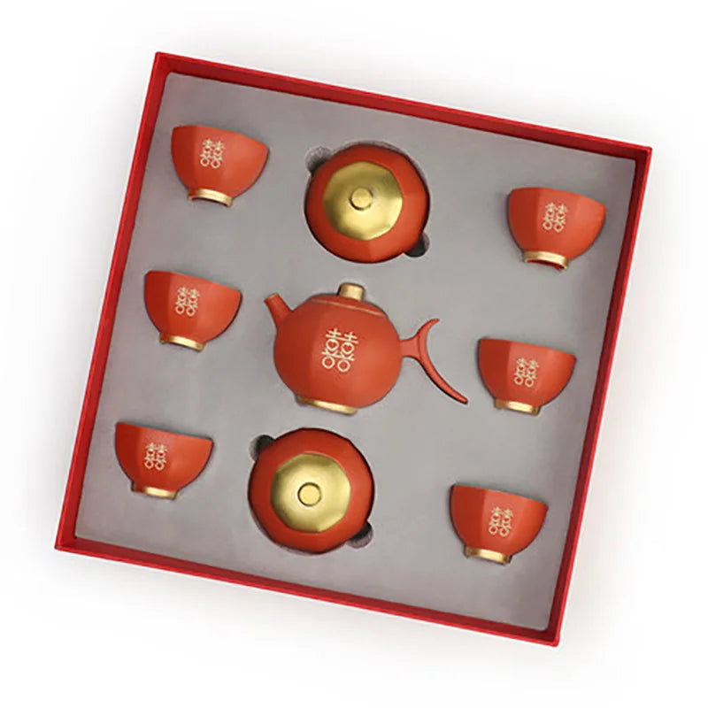 Chinese Wedding Teapot Teacup Tea Pot Cup Bowl Set Ceramic Teaware Creative Customized Bride Gift Dowry Marriage Celebration