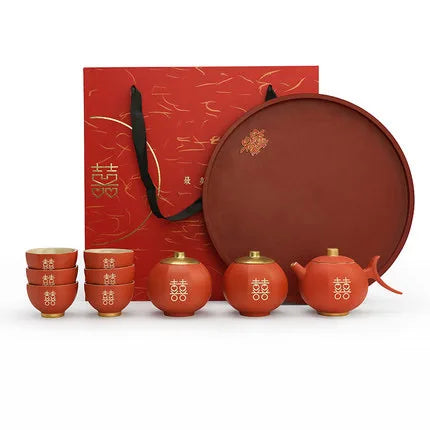 Chinese Wedding Teapot Teacup Tea Pot Cup Bowl Set Ceramic Teaware Creative Customized Bride Gift Dowry Marriage Celebration
