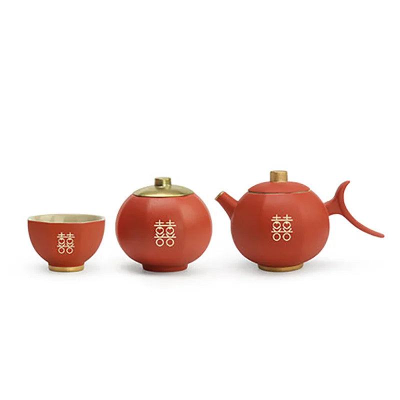 Chinese Wedding Teapot Teacup Tea Pot Cup Bowl Set Ceramic Teaware Creative Customized Bride Gift Dowry Marriage Celebration