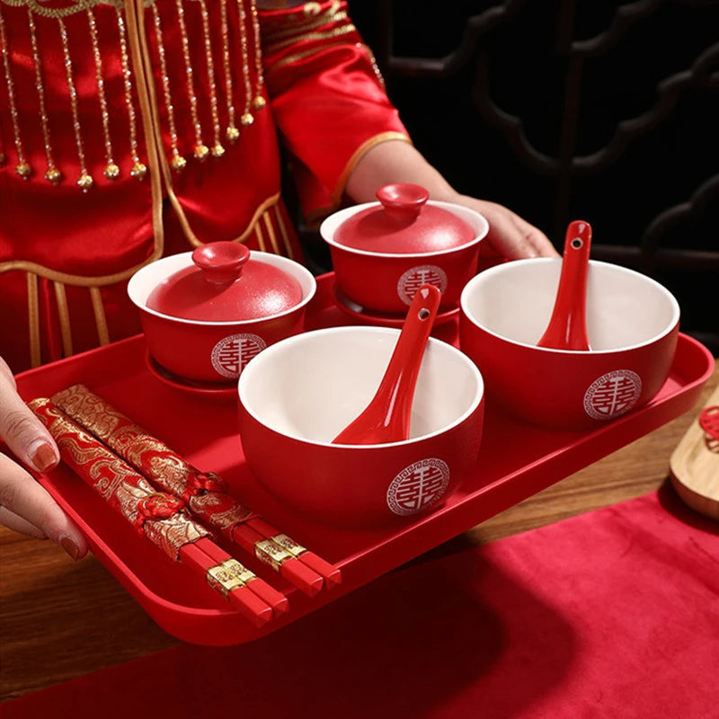 Chinese Wedding Teaware Supplies Exquisite Ceramics Gaiwan Teacup Handmade Tea Maker Double Happiness Bowl High-end Tea Set