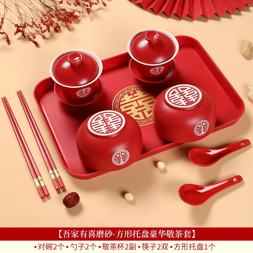 Chinese Wedding Teaware Supplies Exquisite Ceramics Gaiwan Teacup Handmade Tea Maker Double Happiness Bowl High-end Tea Set