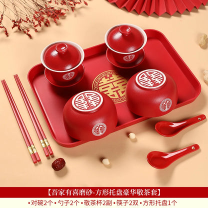 Chinese Wedding Teaware Supplies Exquisite Ceramics Gaiwan Teacup Handmade Tea Maker Double Happiness Bowl High-end Tea Set