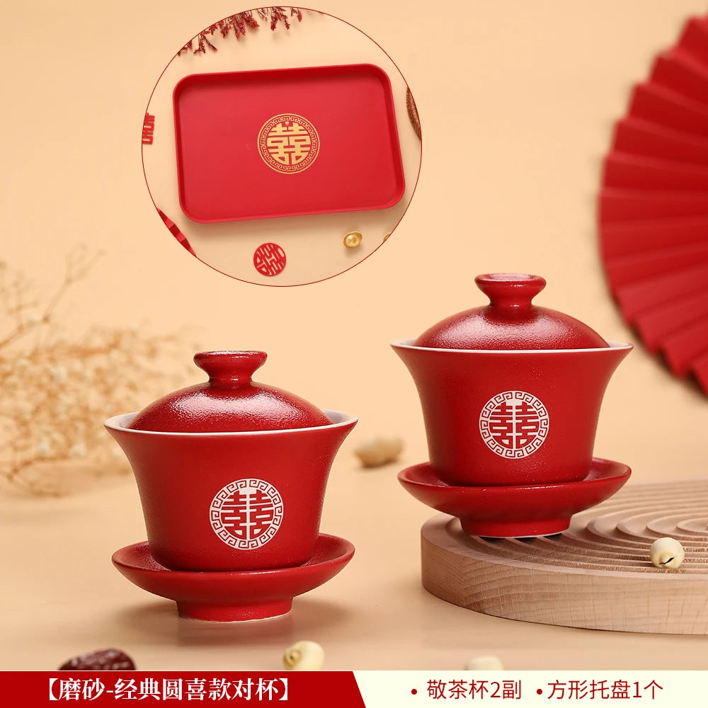 Chinese Wedding Teaware Supplies Exquisite Ceramics Gaiwan Teacup Handmade Tea Maker Double Happiness Bowl High-end Tea Set