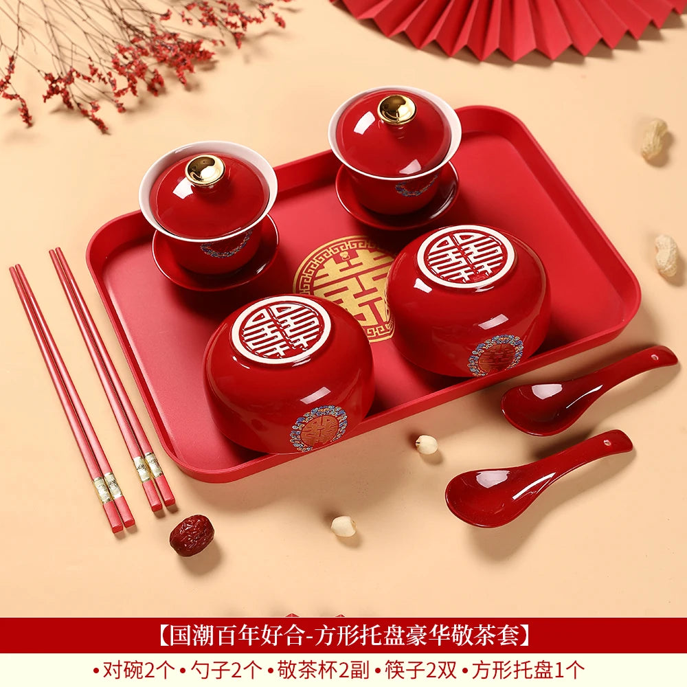 Chinese Wedding Teaware Supplies Exquisite Ceramics Gaiwan Teacup Handmade Tea Maker Double Happiness Bowl High-end Tea Set