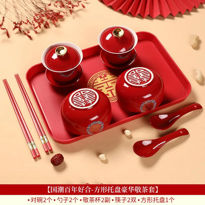 Chinese Wedding Teaware Supplies Exquisite Ceramics Gaiwan Teacup Handmade Tea Maker Double Happiness Bowl High-end Tea Set