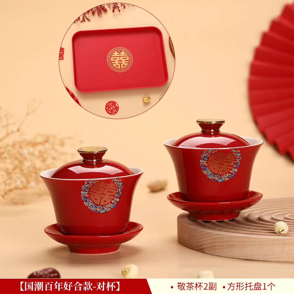 Chinese Wedding Teaware Supplies Exquisite Ceramics Gaiwan Teacup Handmade Tea Maker Double Happiness Bowl High-end Tea Set