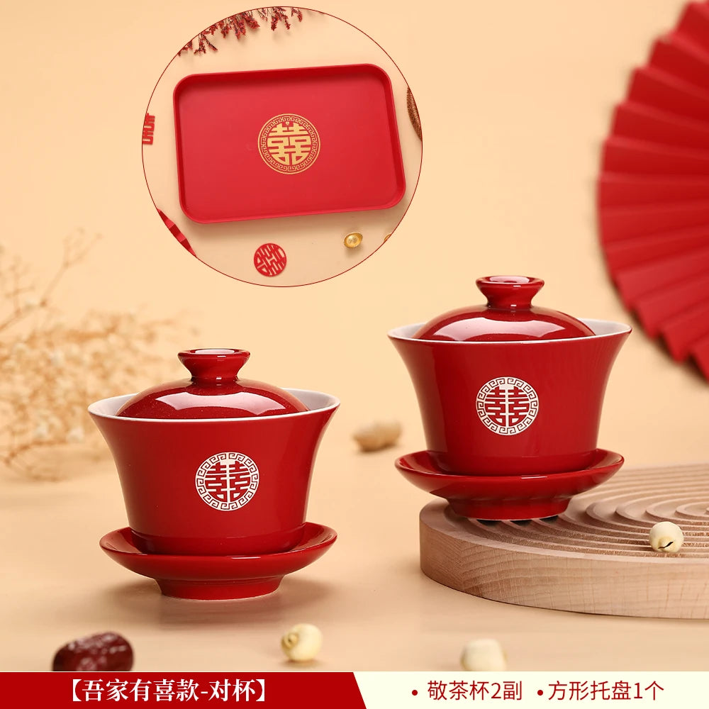 Chinese Wedding Teaware Supplies Exquisite Ceramics Gaiwan Teacup Handmade Tea Maker Double Happiness Bowl High-end Tea Set