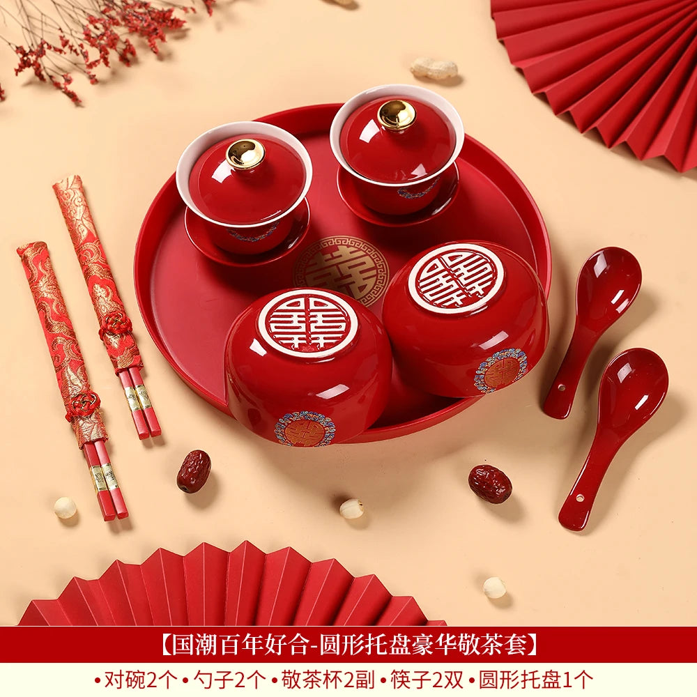 Chinese Wedding Teaware Supplies Exquisite Ceramics Gaiwan Teacup Handmade Tea Maker Double Happiness Bowl High-end Tea Set