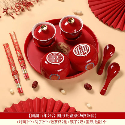 Chinese Wedding Teaware Supplies Exquisite Ceramics Gaiwan Teacup Handmade Tea Maker Double Happiness Bowl High-end Tea Set