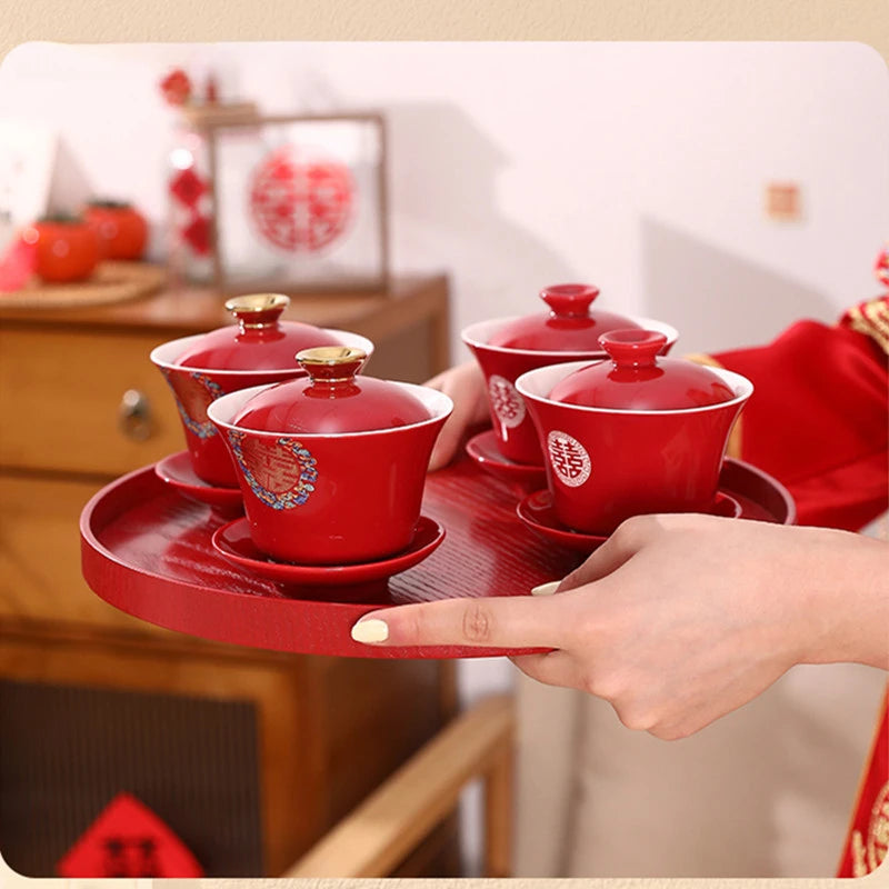 Chinese Wedding Teaware Supplies Exquisite Ceramics Gaiwan Teacup Handmade Tea Maker Double Happiness Bowl High-end Tea Set