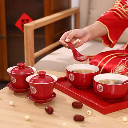 Chinese Wedding Teaware Supplies Exquisite Ceramics Gaiwan Teacup Handmade Tea Maker Double Happiness Bowl High-end Tea Set