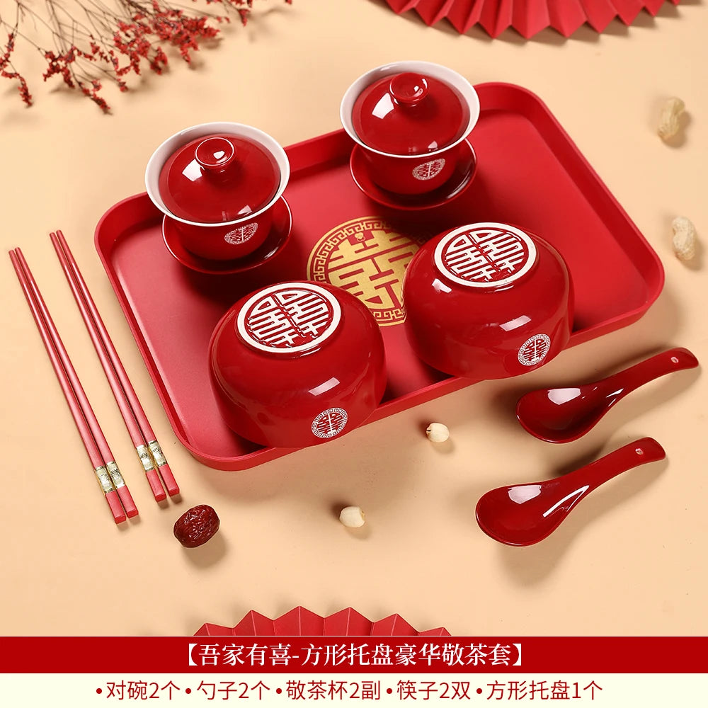 Chinese Wedding Teaware Supplies Exquisite Ceramics Gaiwan Teacup Handmade Tea Maker Double Happiness Bowl High-end Tea Set