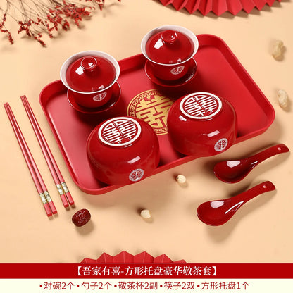 Chinese Wedding Teaware Supplies Exquisite Ceramics Gaiwan Teacup Handmade Tea Maker Double Happiness Bowl High-end Tea Set