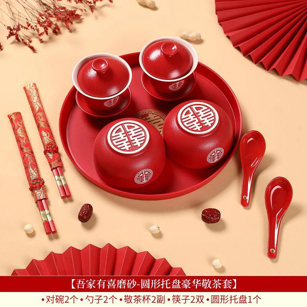Chinese Wedding Teaware Supplies Exquisite Ceramics Gaiwan Teacup Handmade Tea Maker Double Happiness Bowl High-end Tea Set