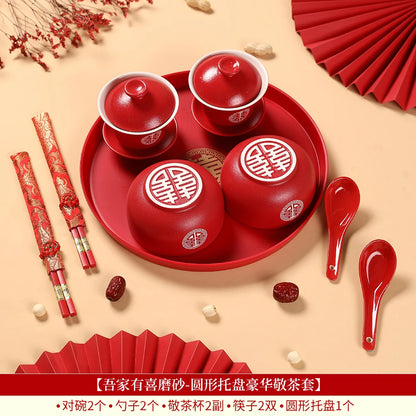 Chinese Wedding Teaware Supplies Exquisite Ceramics Gaiwan Teacup Handmade Tea Maker Double Happiness Bowl High-end Tea Set