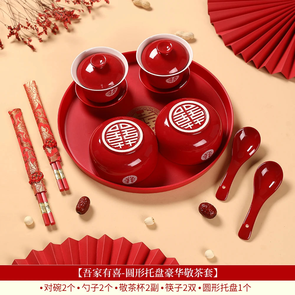 Chinese Wedding Teaware Supplies Exquisite Ceramics Gaiwan Teacup Handmade Tea Maker Double Happiness Bowl High-end Tea Set