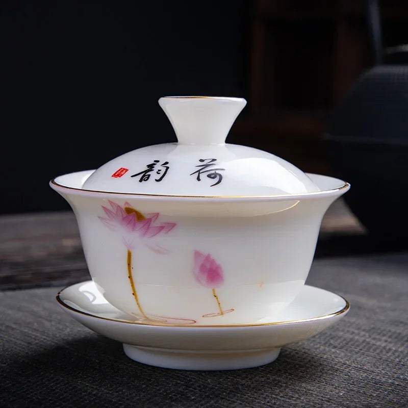 Chinese White Porcelain Phnom Penh Gaiwan Handmade Ceramic Teacup Travel Portable Tea Bowl Home Drinkware Customized Gifts