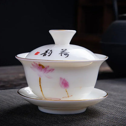 Chinese White Porcelain Phnom Penh Gaiwan Handmade Ceramic Teacup Travel Portable Tea Bowl Home Drinkware Customized Gifts